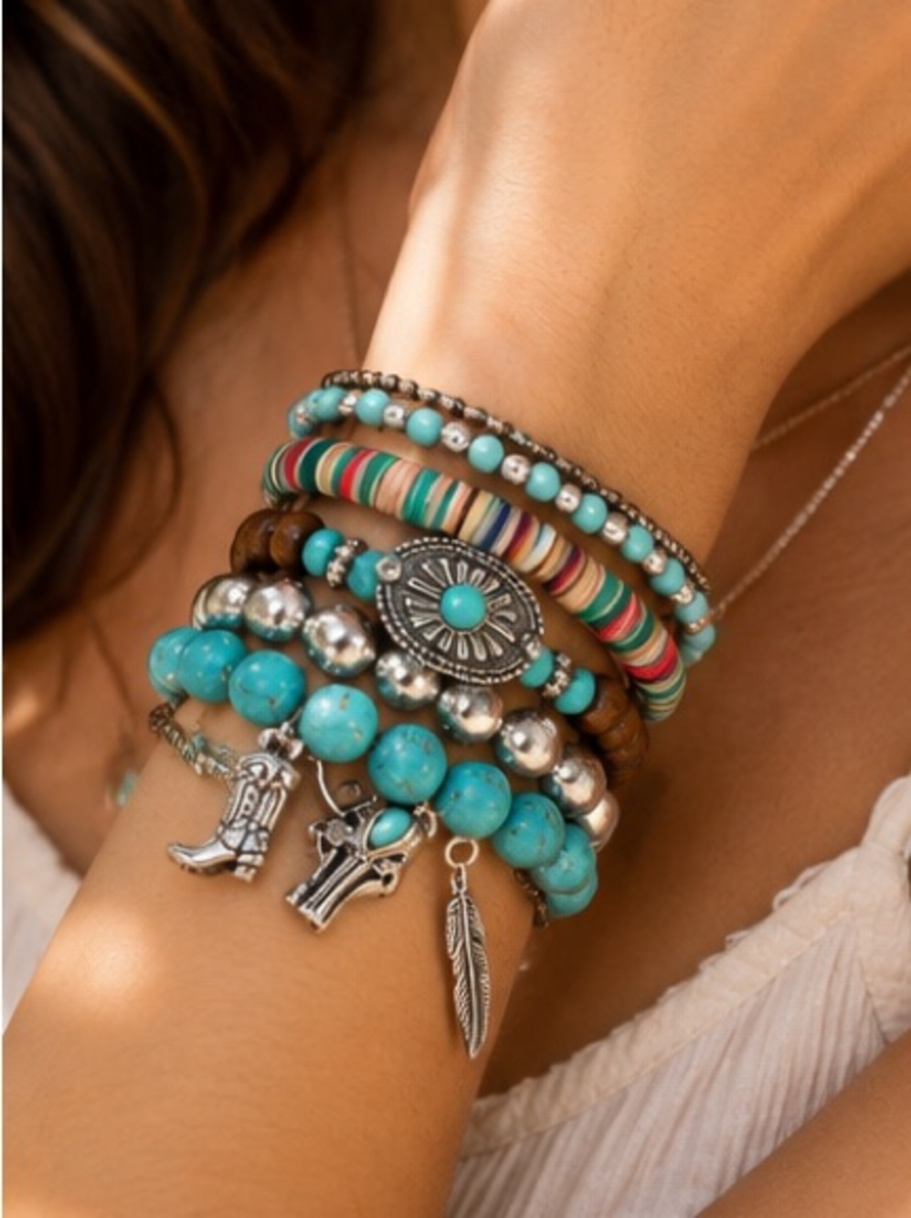 Boho Turquoise Beaded Charm Bracelet Stack - Women Jewelry - Picture 2 of 3